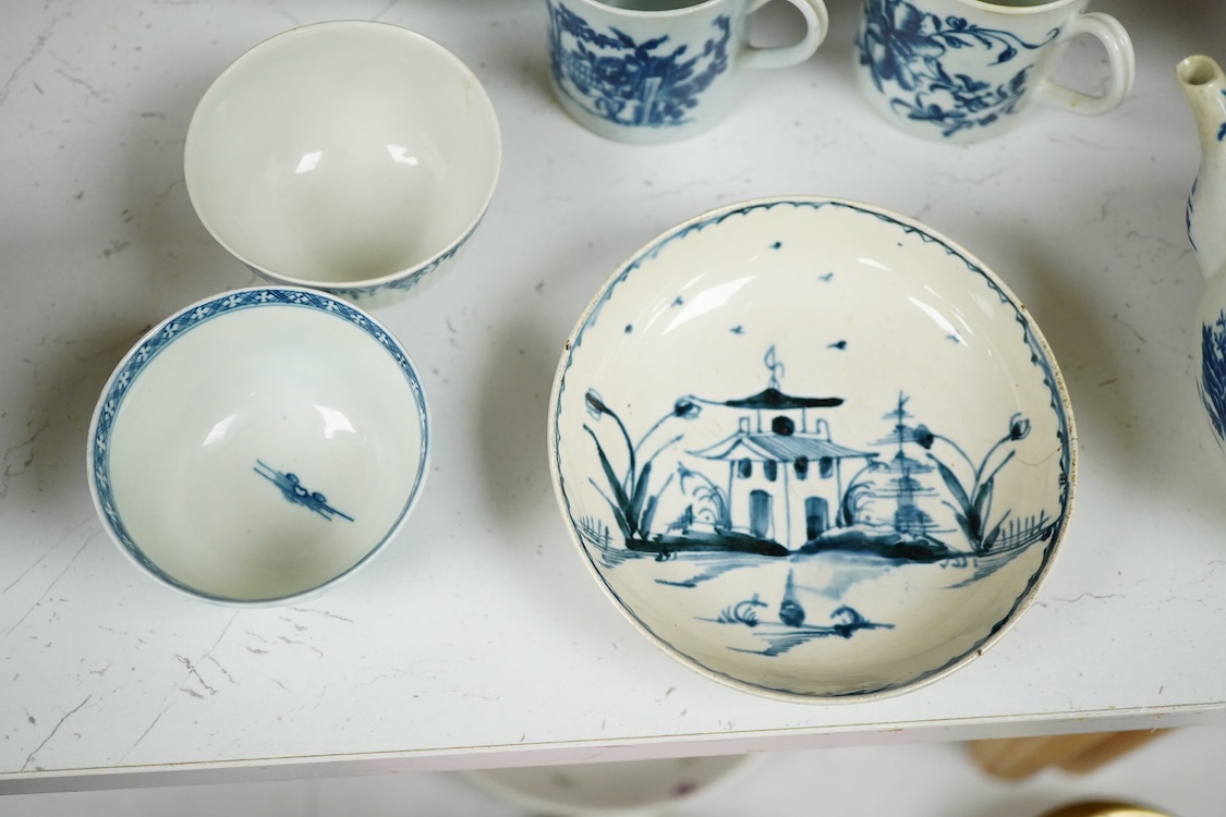 A group of 18th century Worcester, Liverpool etc. blue and white tea and coffee wares, teapot 9.5cm high